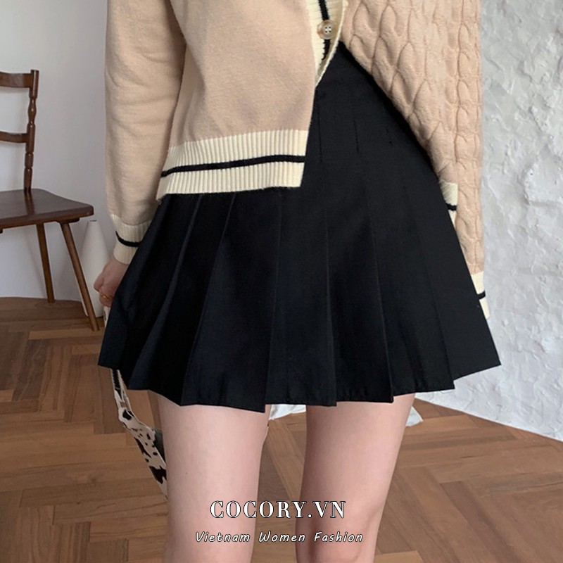 Cocory vn Váy Ngắn Lưng Cao Xếp Ly Màu Trơn Dễ Phối Đồ