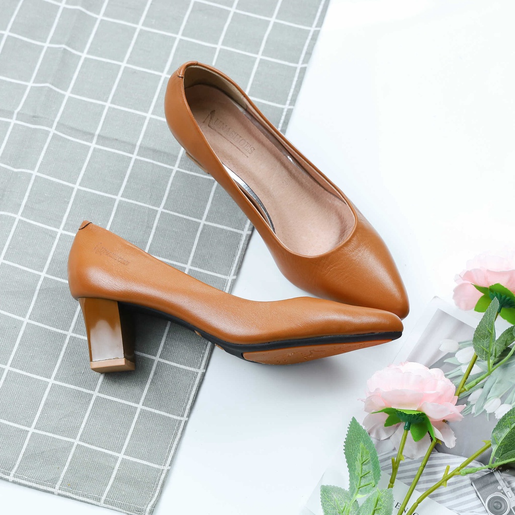 Giày cao gót nữ 5 phân LUNASHOES 52001 mũi nhọn gót vuông da bò mềm êm chân dễ phối đồ bảo hành 2 năm