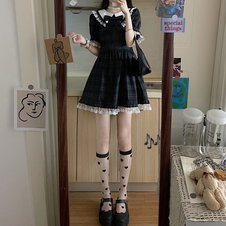 Đầm lolita Perty kẻ sọc caro phối ren thời trang Hàn Quốc cho nữ