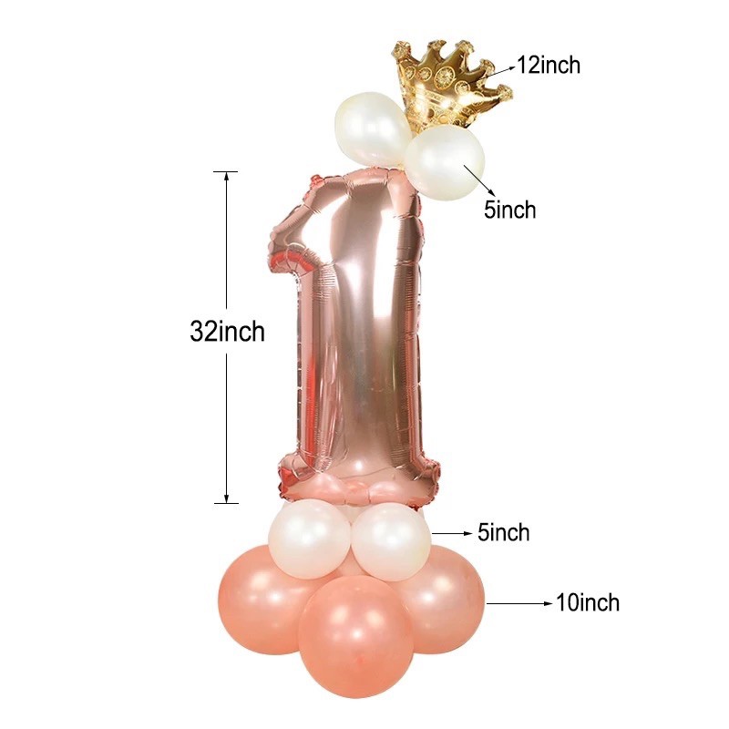 Bong Bóng Số 0-9 Kèm Bóng Tròn Vương Miện Milkshop 75cm màu rose gold (A00)