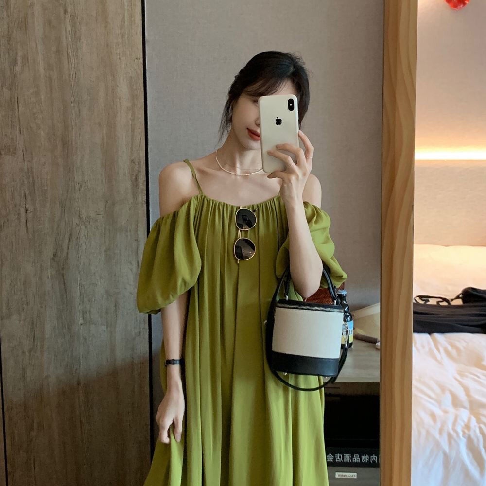 Đầm Hai Dây Dáng Rộng Màu Xanh Lá Mùa Hè Phong Cách Pháp Cổ Điển Thời Trang Cho Nữ