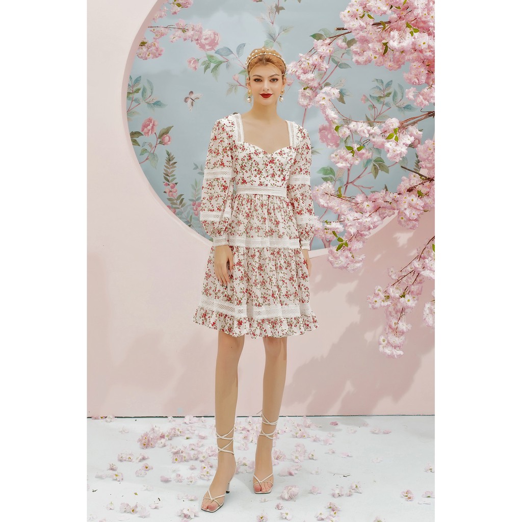 [Mã SKAMSALEP6 giảm 10% tối đa 100K đơn 150K] SÒ VINTAGE - MOZA Đầm hoa tay phồng viền ren | BigBuy360 - bigbuy360.vn