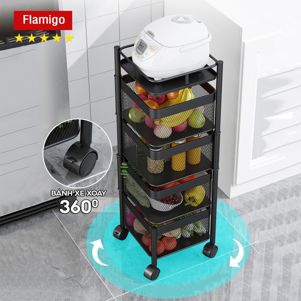 Kệ để đồ đựng rau củ xoay, khay vuông đựng đồ thông minh thép carbon cao  cấp có bánh xe, kệ nhà bếp đa năng Flamigo - Kệ nhà bếp khác |