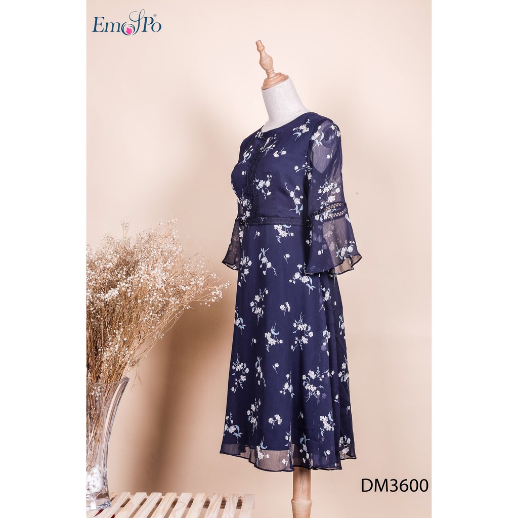 Đầm cổ tròn, tay lửng xòe Emspo DM3600 (Trắng, Tím than)
