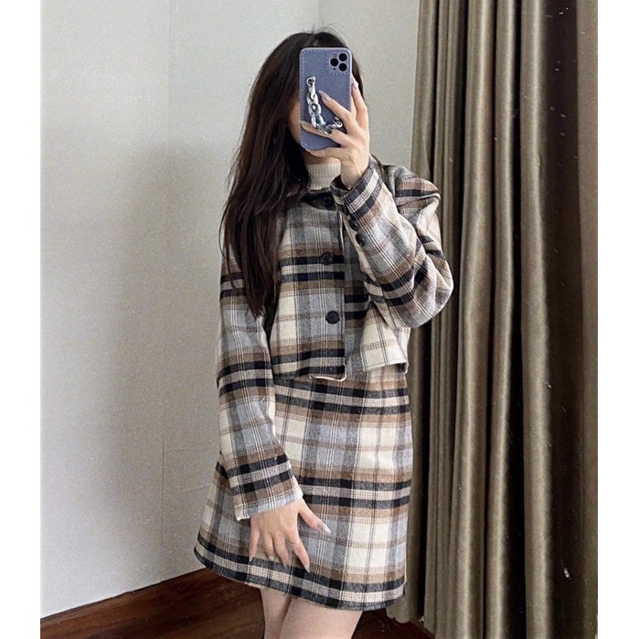 Set Áo Dạ Kẻ Tweed Kèm Chân Váy Chữ A Phong Cách Ulzzang | BigBuy360 - bigbuy360.vn