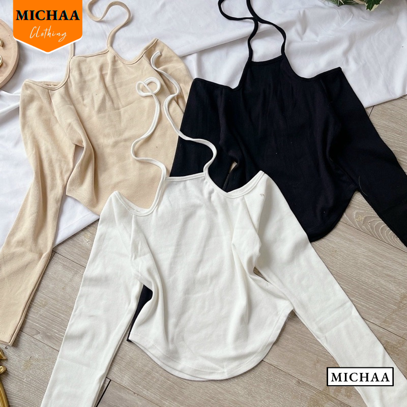 Áo Thun Nữ Tay Dài VẠT BẦU CỔ YẾM Buộc Cổ Đẹp Ôm Body, Áo Thun Croptop Kiểu Sexy Chất Gân Thời Trang MICHAA ADD08