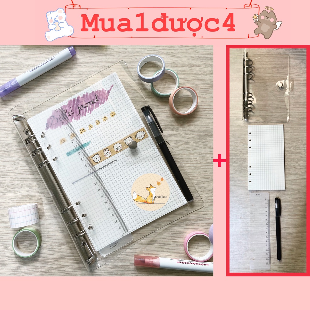 Sổ caro binder bìa còng Bullet Journal 365 Planner A5/B5/A6 90 trang (tặng Bút Gel + Thước Kẻ)