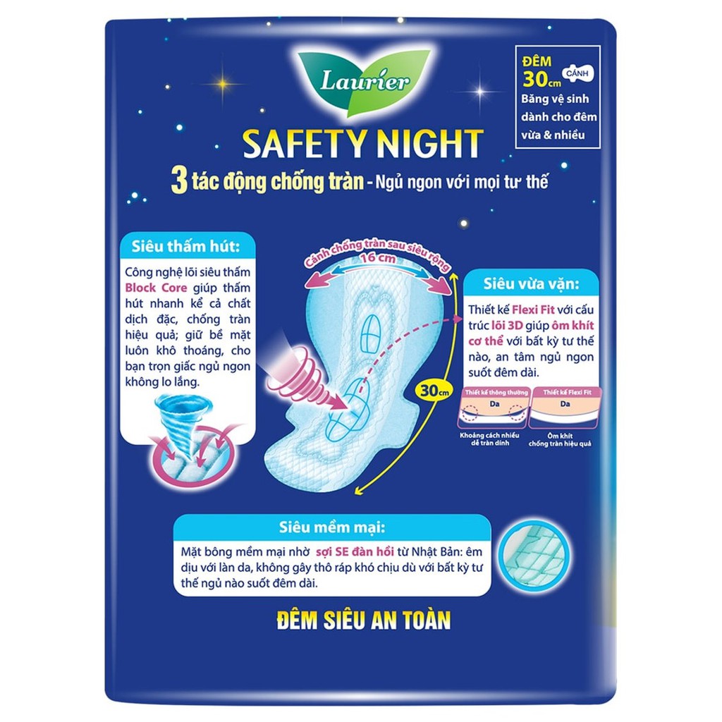Combo 3 gói Băng Vệ Sinh Ban Đêm Laurier Safety Night chống tràn [30cm-8M]
