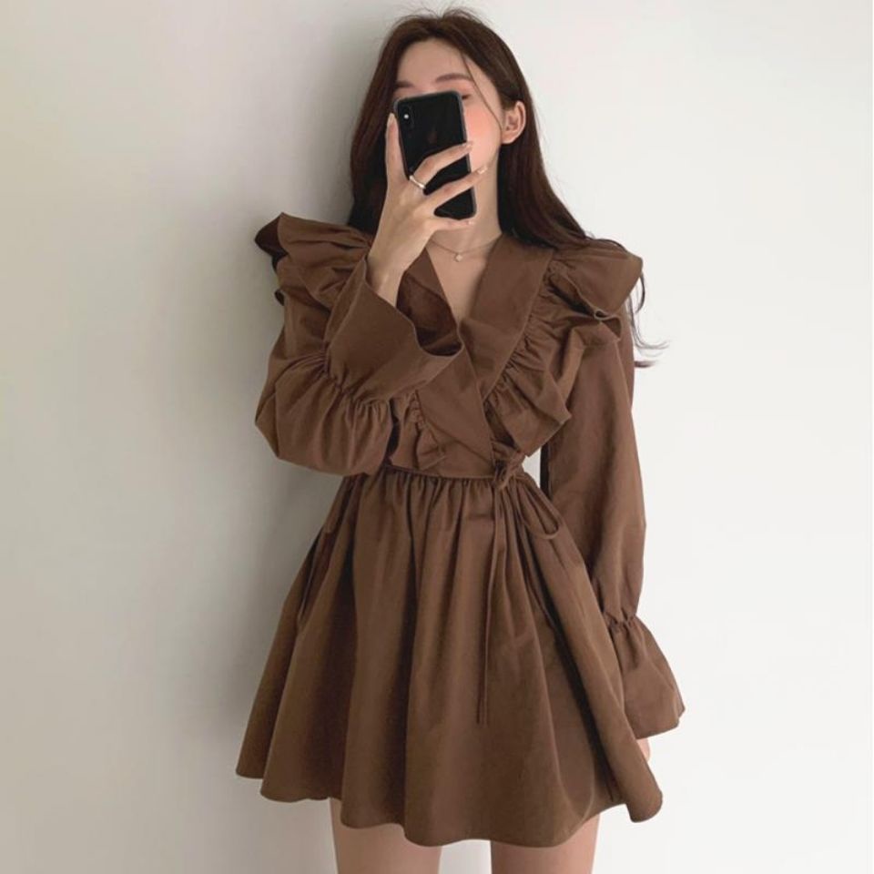 Đầm Dự Tiệc Cổ V Phối Bèo Kiểu Vintage Thời Trang Mùa Thu Cho Nữ