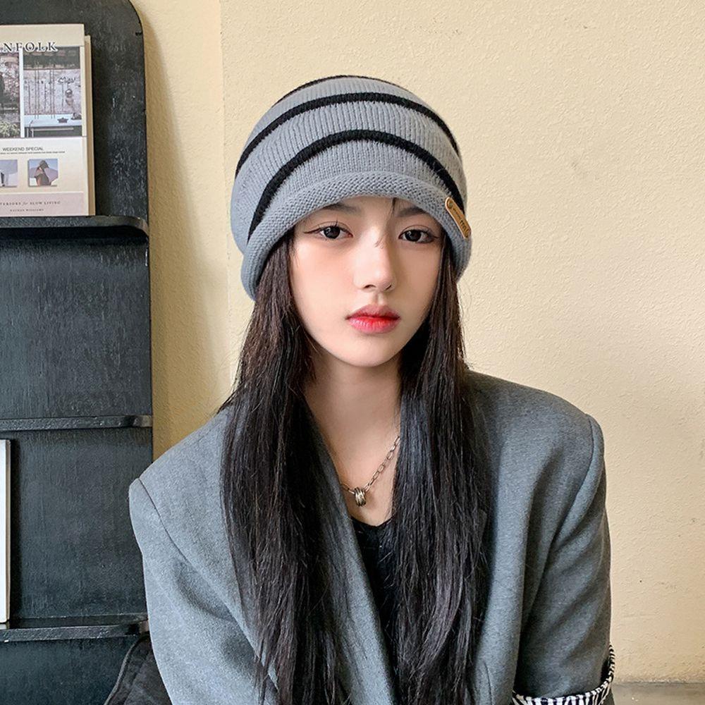 NICKOLAS Mũ Len Trùm Đầu Chống Gió Ấm Áp Họa Tiết Sọc Ngang Ngọt Ngào Cho Nữ