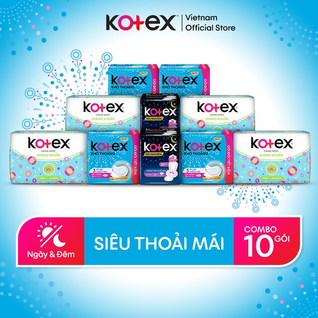 Combo trọn bộ 10 gói băng vệ sinh KOTEX siêu thoải mái (12/16/20 miếng/gói)