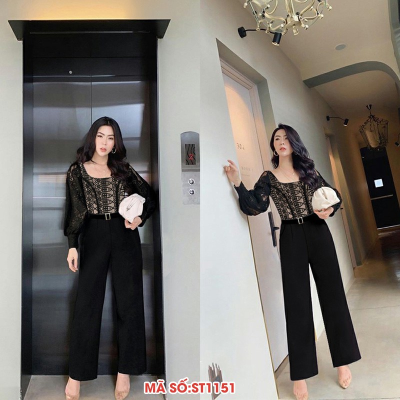 ➡️#ST1151 Jumpsuit đồ bay dài ống suông phối ren cổ vuông tay dài xinh xắn - hàng việt nam