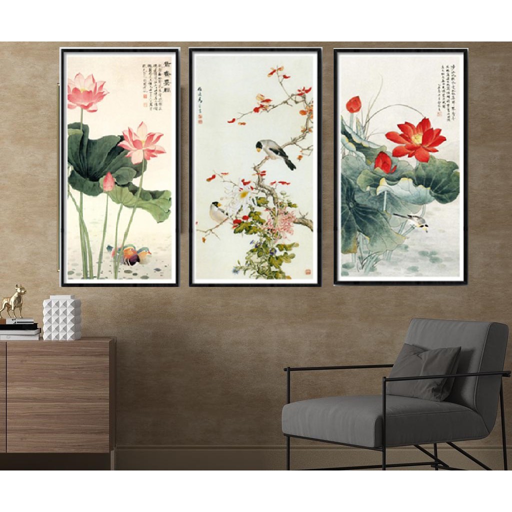 Bộ 3 Tranh Treo Tường Phong Thuỷ Hoa Sen, Liên Hoa Trước Gió ( 35 x 70cm) CV18