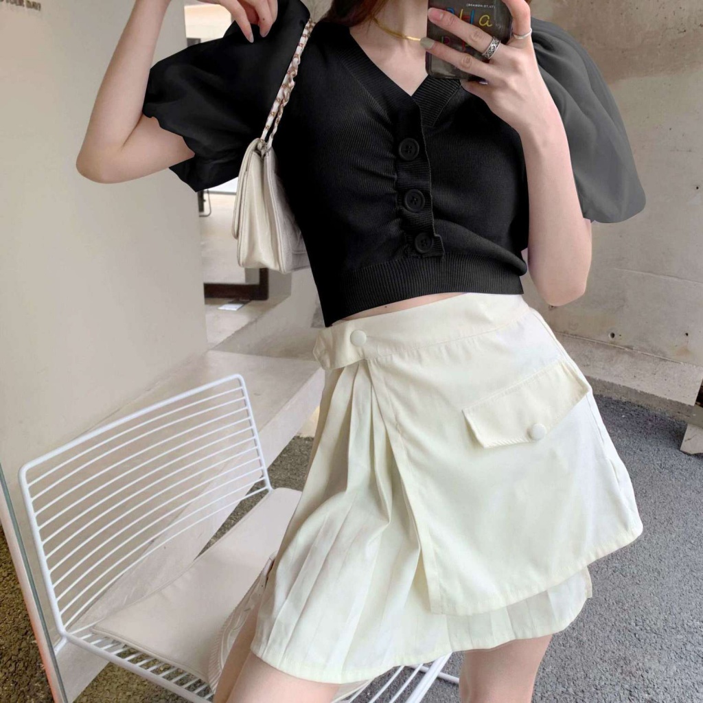 Áo len tay phồng ngắn cổ chữ v màu hồng trơn ôm dáng thời trang cho nữ | BigBuy360 - bigbuy360.vn