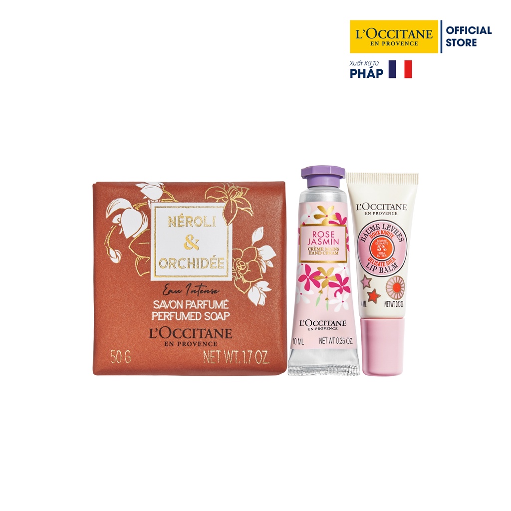 Bộ Xà Phòng Hương Hoa Cam &amp; Lan Vani Néroli &amp; Orchidée Eau Soap 50gr &amp; Kem dưỡng tay 10ml &amp; Son dưỡng môi 4ml L'Occitane