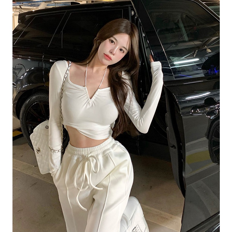 QKOOLE  Áo tay dài  màu trơn hai dây chéo cổ ôm dáng gợi cảm phong cách Hàn Quốc dành cho nữ