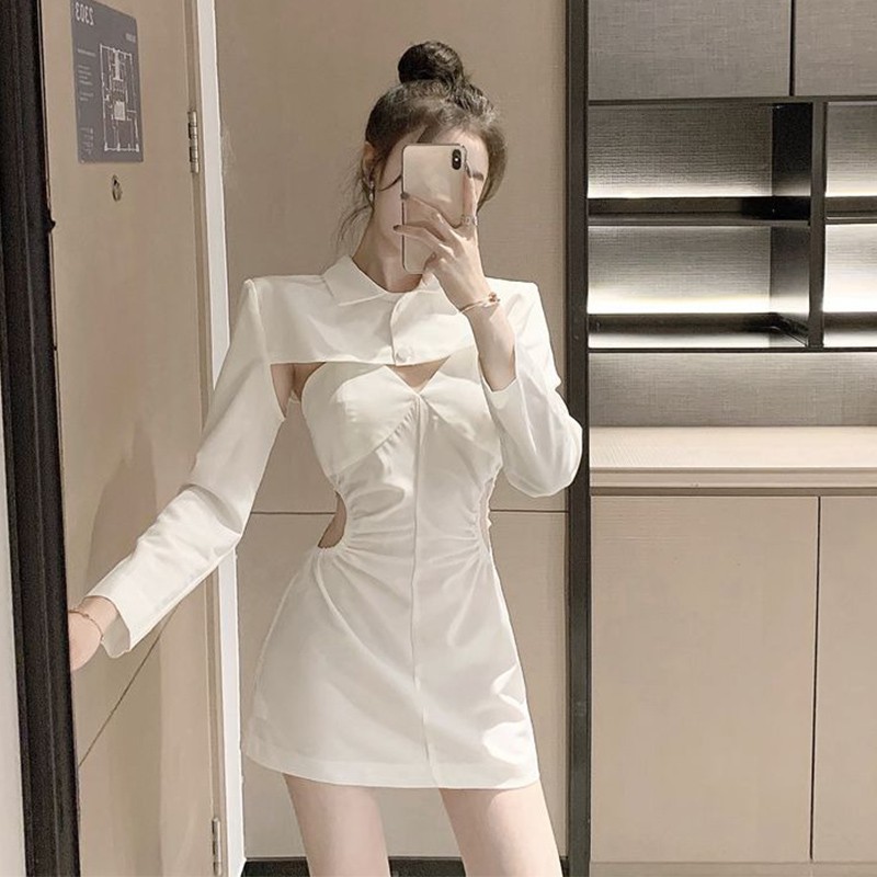 (r134) đầm ulzzang váy dây kết hợp áo sơ mi cutout sang chảnh(kèm ảnh thật)