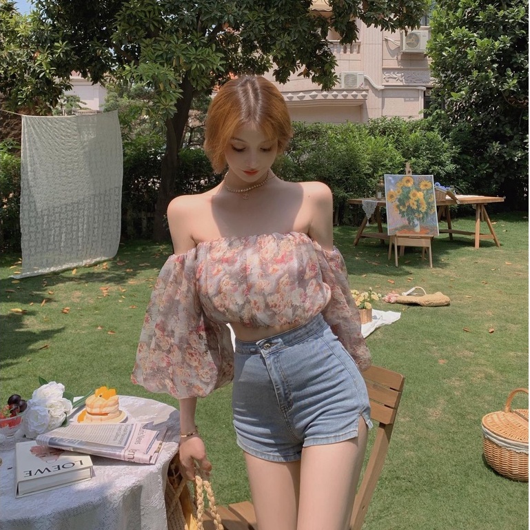 Áo kiểu sơ mi hoa nhí trễ vai ulzzang Emilyshop
