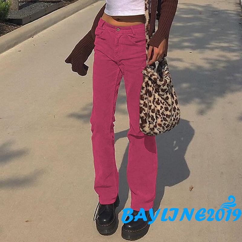 Quần dài nhung kẻ sọc lưng vừa dáng rộng màu trơn dành cho nữ