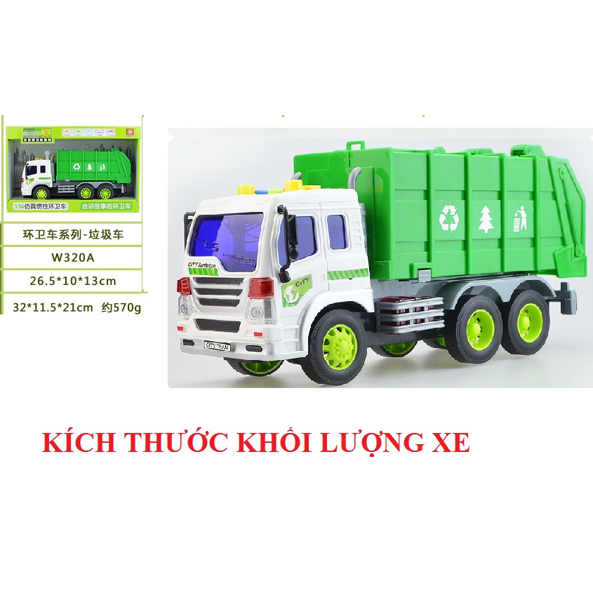 Xe ô tô chở rác đồ chơi trẻ em mô hình tỉ lệ 1:16 có âm thanh và đèn xe bằng nhựa