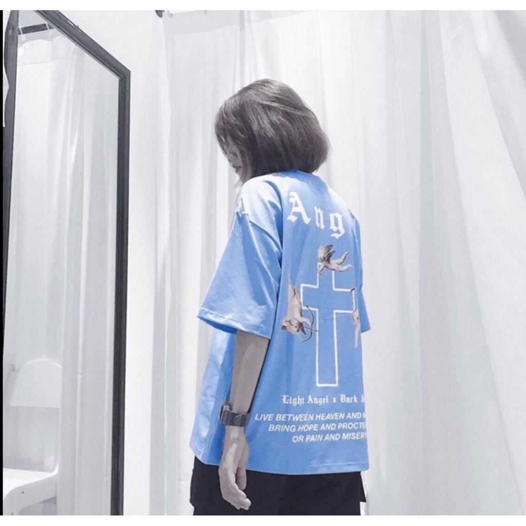 Áo phông unisex tay lỡ nam nữ ANGEL form rộng oversize, áo thun nam nữ tay lỡ basic xanh blue