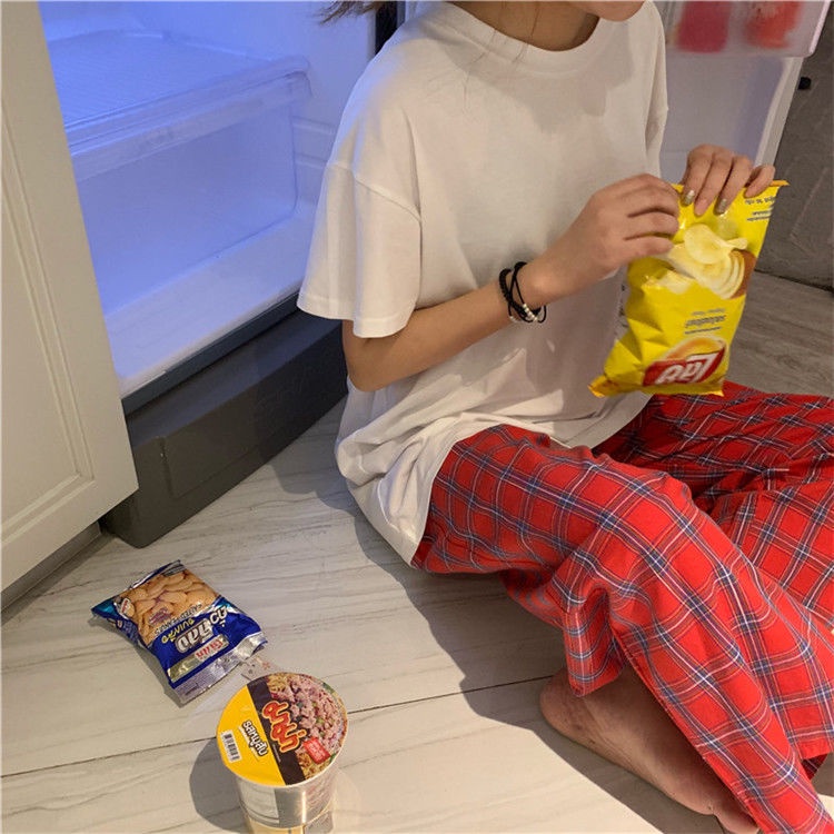 Bộ Đồ Ngủ Áo Thun + Quần Dài Dáng Rộng Họa Tiết Sọc Caro Phong Cách Hàn Quốc Thời Trang Mùa Hè Cho Nữ | BigBuy360 - bigbuy360.vn