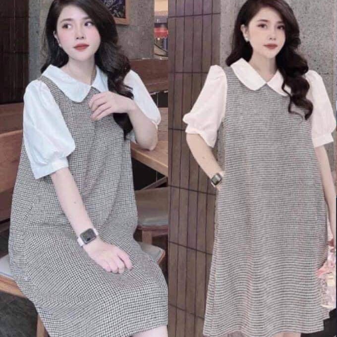 Váy bầu xinh thiết kế dáng suông công sở cổ sen tròn màu xám đen freesize 45-70kg