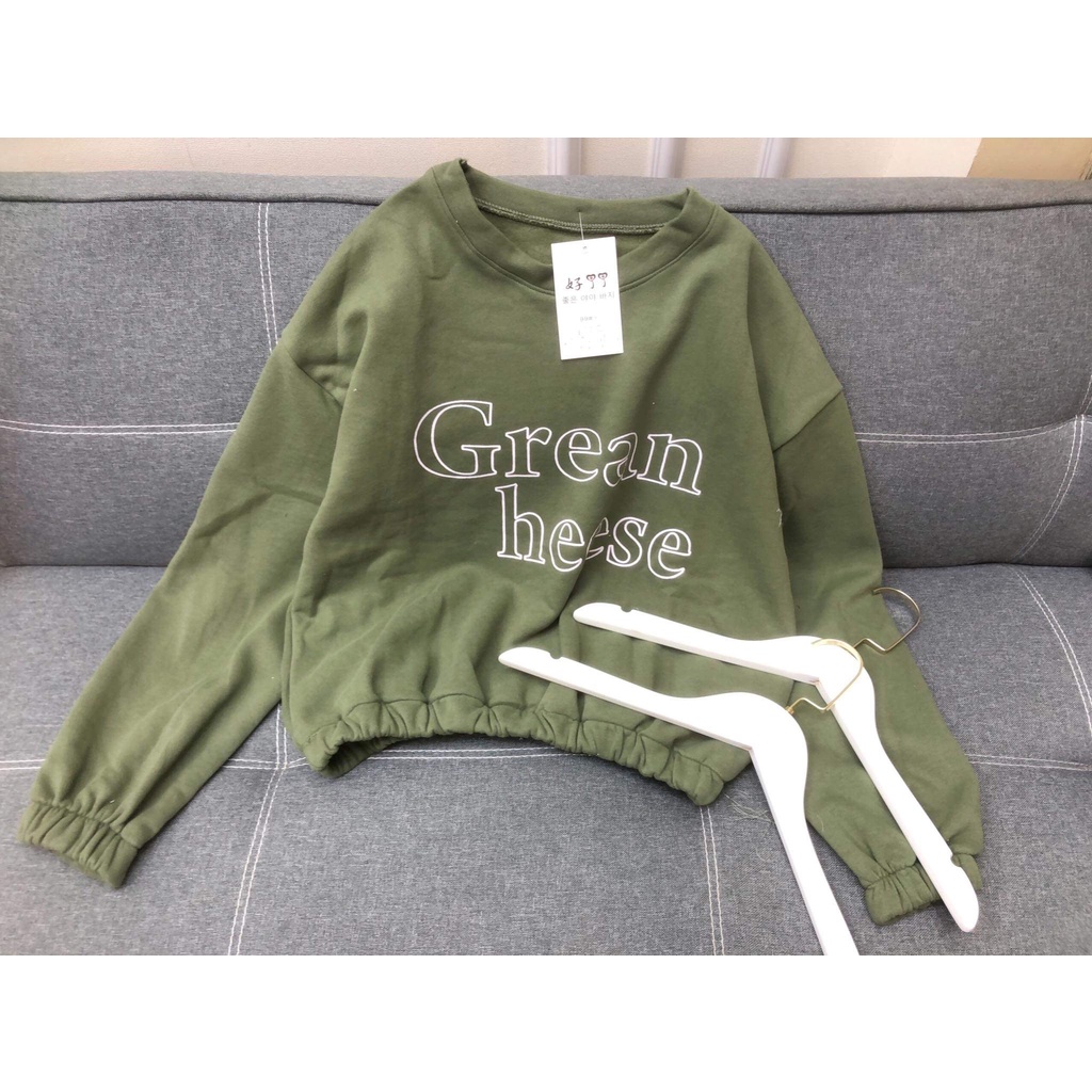 Áo croptop nỉ dài tay dáng thụng grean màu xanh in chữ cá tính, có ảnh và video thật, size s-xl