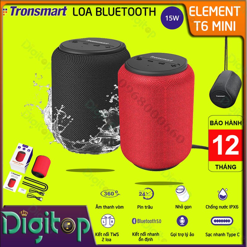 Tronsmart Element T6 Mini  | Loa Bluetooth 5.0 ngoài trời chống thấm nước IPX6 15W chơi nhạc lên tới 24 giờ