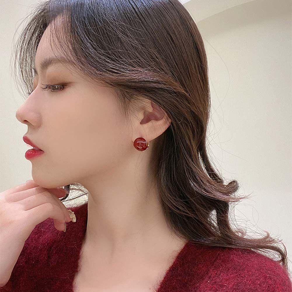 Bông Tai Hình Tròn Bằng Đồng Đính Hạt Đậu Đỏ Phong Cách Hàn Quốc Cổ Điển Đơn Giản Cho Nữ
