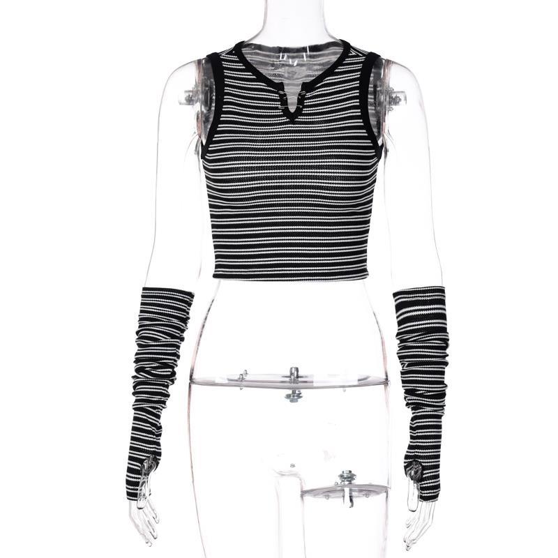 Áo Tank Top Cổ Chữ V Kẻ Sọc Phối Găng Tay Cá Tính Cho Nữ