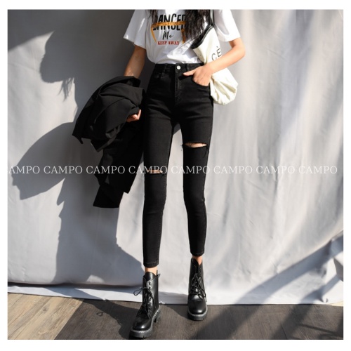 Quần Jean Nữ Lưng Cao Skinny Đen Rách Gối CAMPO Quần Bò Nữ Dáng Ôm Cao Cấp