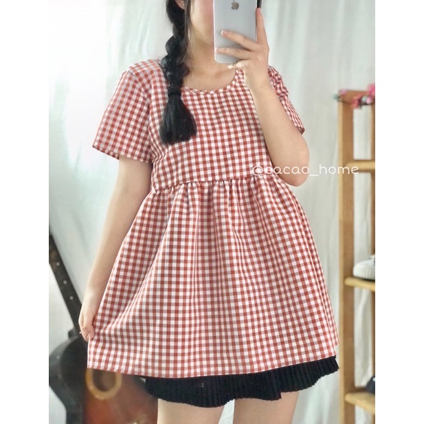 Áo babydoll caro tay ngắn xinh xắn tặng kèm scrunchie cùng màu