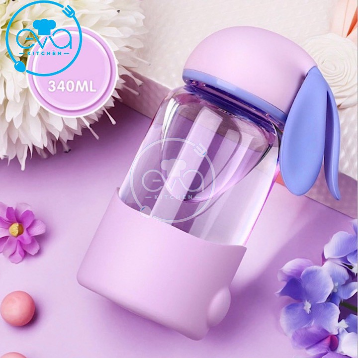 Bình Nước Thuỷ Tinh Vỏ Bọc Silicon Nắp Thỏ Con Dễ Thương 300 Ml