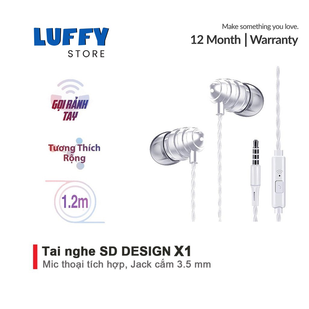 Tai Nghe Nhét Tai SD Design X1 Super Bass tương thích các dòng điện thoại jack 3.5mm, có mic bảo hành Chính Hãng 1 đổi 1