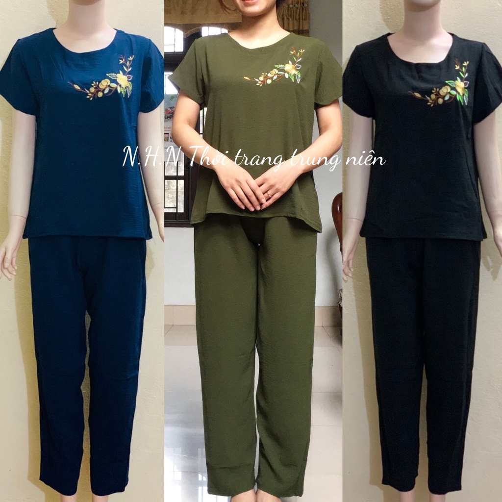 Đồ Bộ Trung Niên Vải Đũi, Bộ Mặc Nhà Áo Cộc Quần Dài Cao Cấp Cho Mẹ, Cho Bà