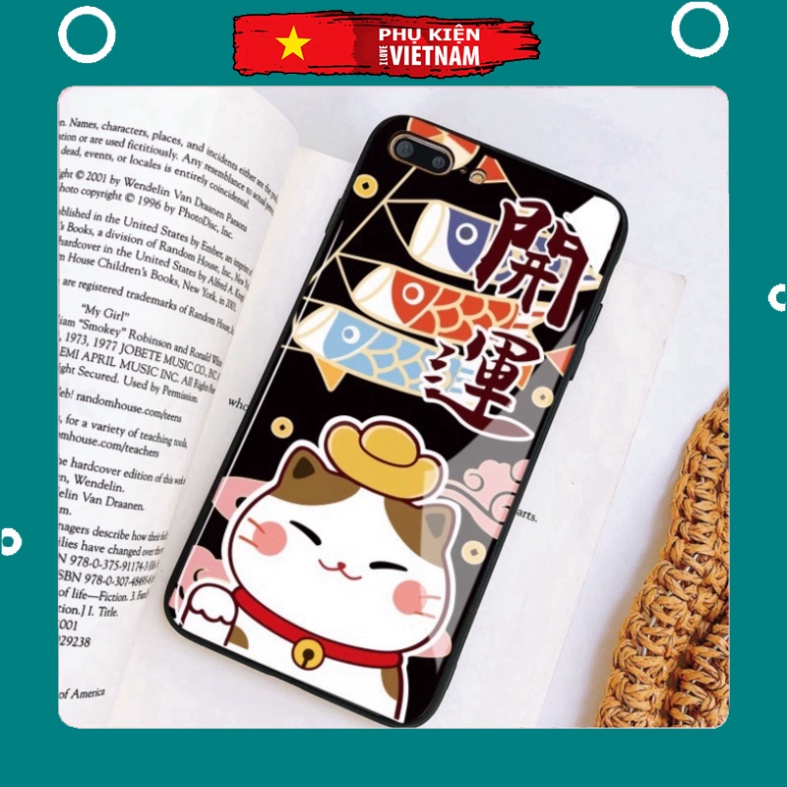 Ốp lưng iphone 6, 7, 8 Plus, X, XS, XR, XSMAX, 11, 11PRO, 11 PROMAX, 12, 13 PROMAX MÈO THẦN TÀI dễ thương BẰNG KÍNH PKVN