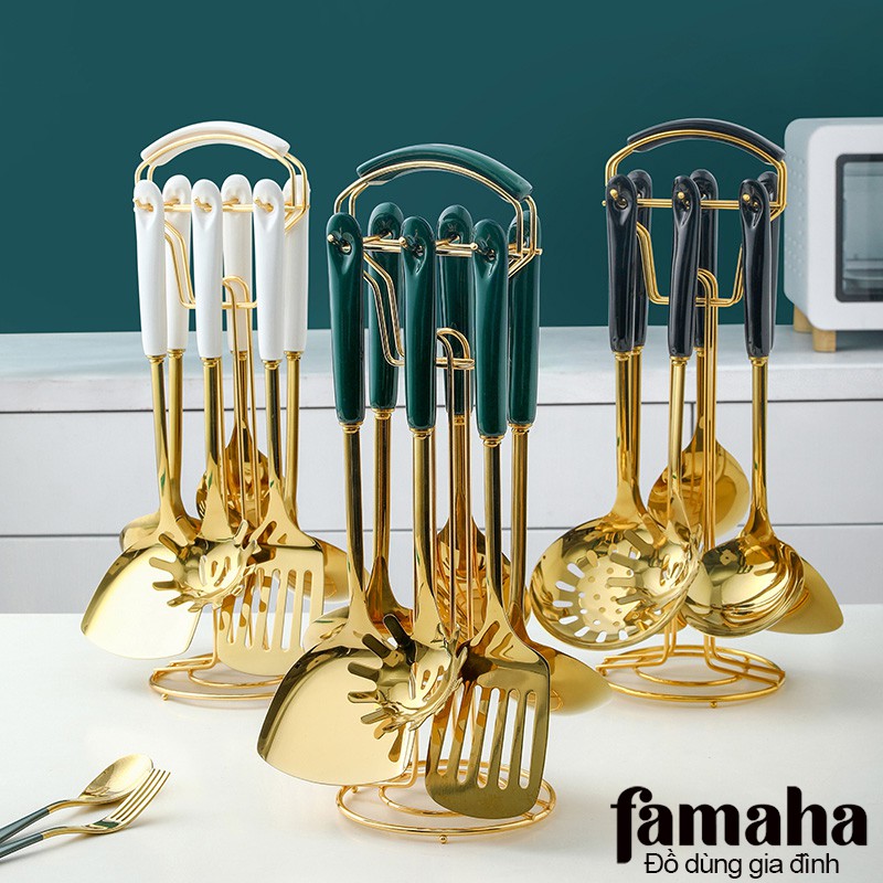 Dụng cụ nhà bếp nấu ăn bộ 7 món inox mạ vàng cao cấp, bộ thìa nấu ăn đa năng FAMAHA
