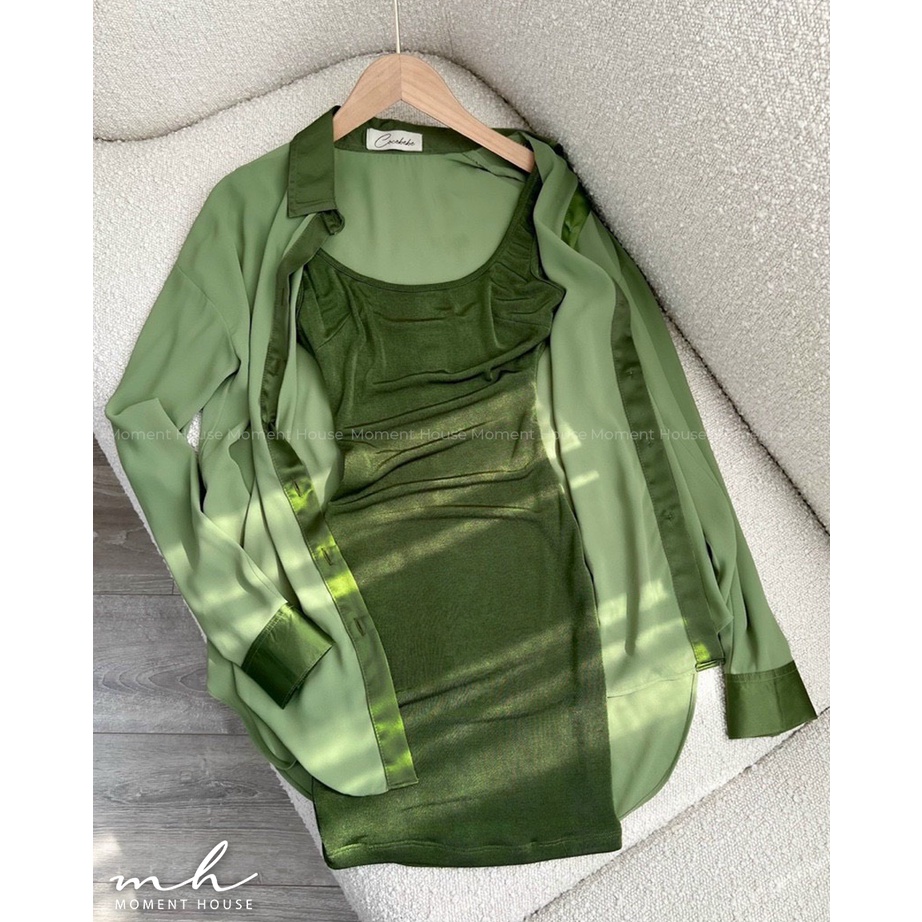 Set đầm body 2 dây thun ánh + áo sơ mi lụa satin form rộng, hàng thiết kế chuẩn form y hình cực tôn dáng (BUNNY SET)