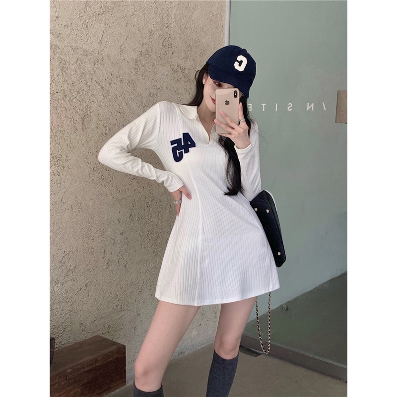 Đầm polo body nữ chữ 45 🦋 Váy thun dài tay cổ bẻ trơn thêu chữ 🦋 | BigBuy360 - bigbuy360.vn