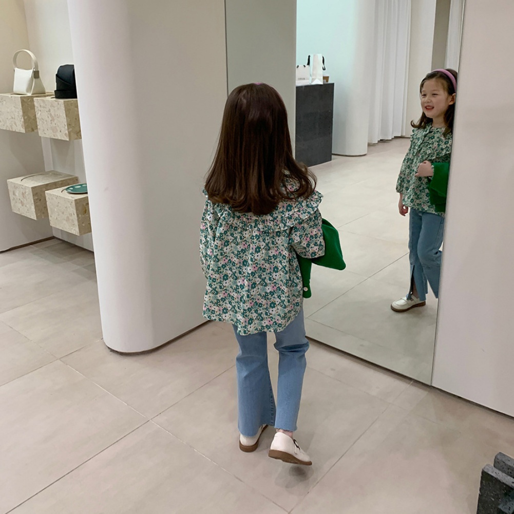 Set Áo Sơ Mi Cổ Bẻ Họa Tiết Hoa Và Quần Jeans Phong Cách Hàn Quốc Cho Bé Gái