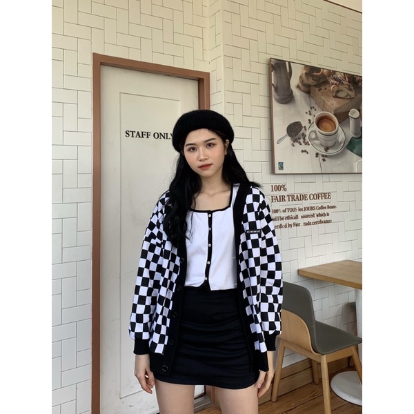 Usthebasic - Áo khoác Checkerboard Fabric Cardigan