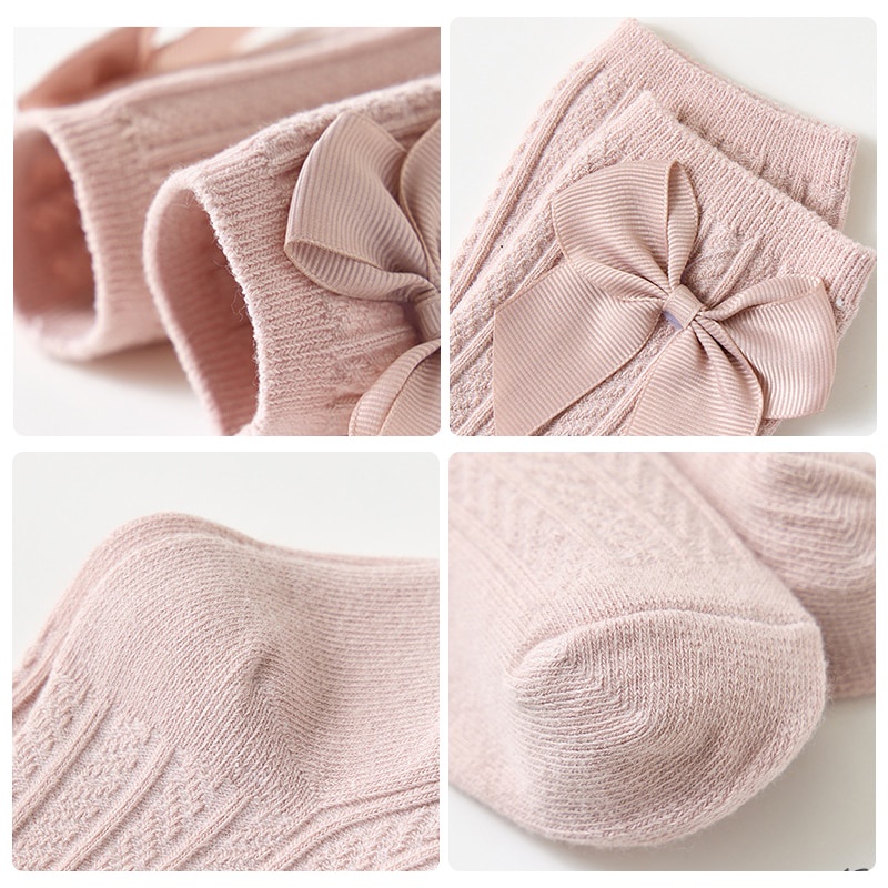 Vớ Cotton Dày Mềm Đính Nơ Màu Trơn Thời Trang Thu Đông Cho Bé Gái Sơ Sinh