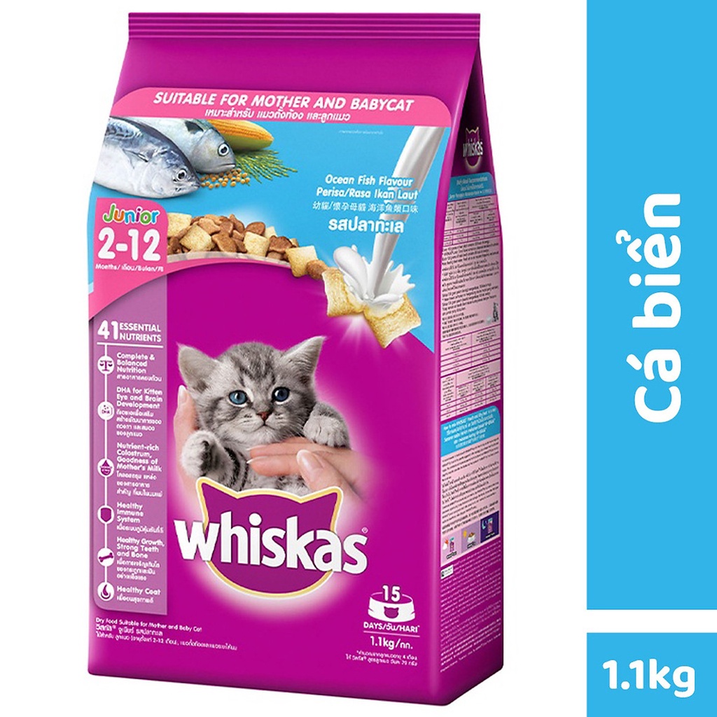 Thức ăn cho mèo Whiskas Junior Vị Cá Biển Cá Thu & Sữa 1,1kg. Hạt cho mèo con whiskas. Đồ ăn cho mèo vị cá.