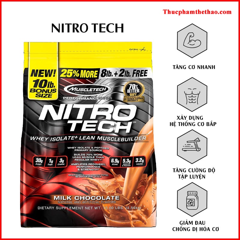 Sữa Whey Protein Tăng Cơ Nitro Tech 10lbs - Hàng Chính Hãng Muscletech - Nhiều Hương Vị - Kèm Quà Tặng
