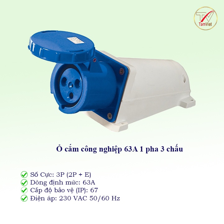 Ổ cắm công nghiệp cố định Tâm Việt, ổ cắm điện 63A 1 pha 3 chấu 220V