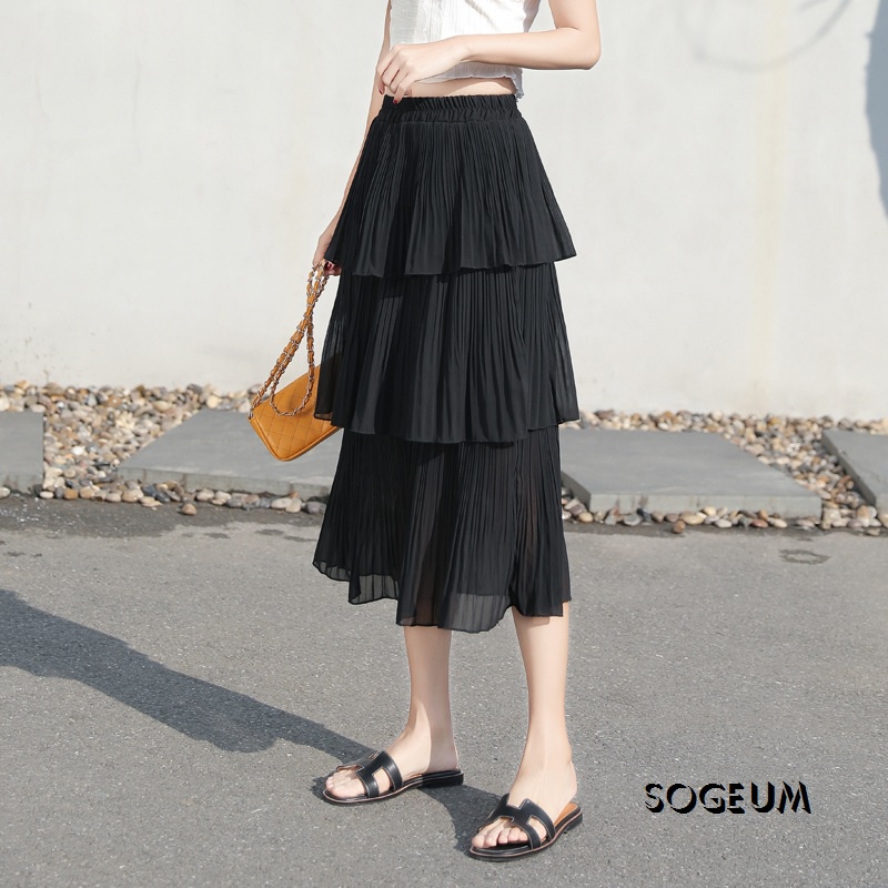 Chân váy dài 3 tầng cạp chun, Chân xêp li midi Quảng Châu Sogeum.store