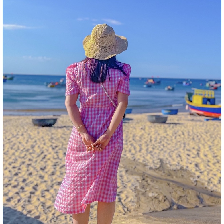 Áo đầm váy hồng caro tươi trẻ phong cách_thanh lý 2hand giá rẻ like new