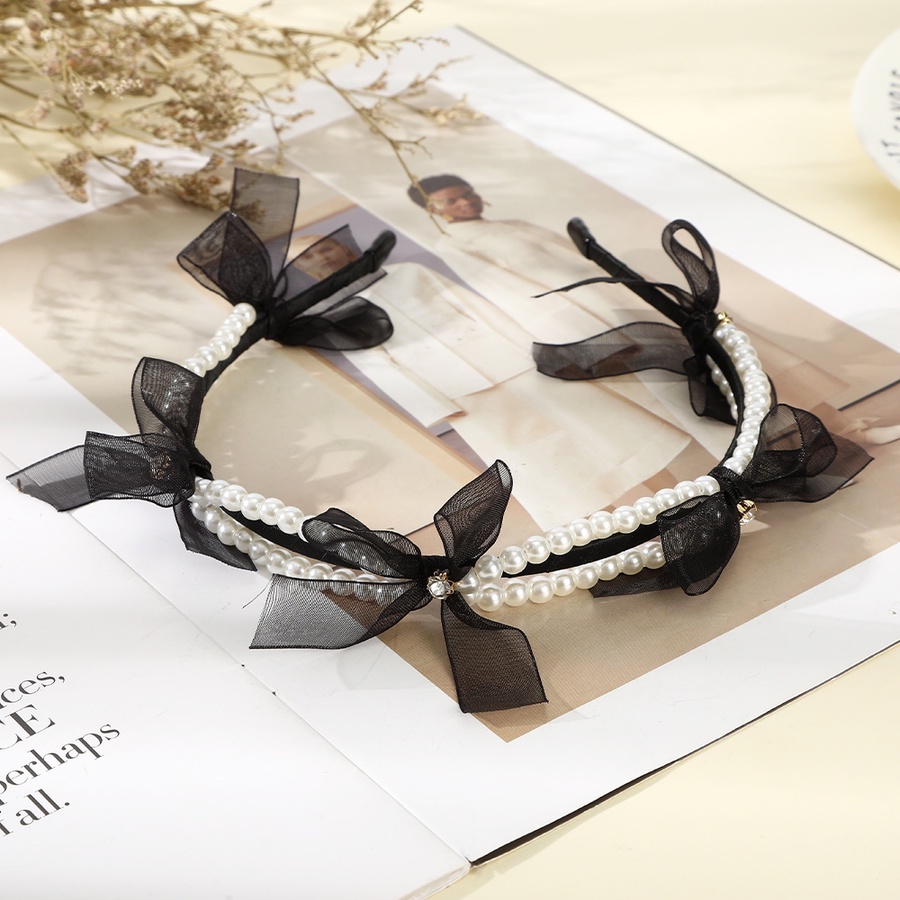 Korean Mesh Bow Beaded Headband Girls Sweet Crystal Hair Band Hair Accessories