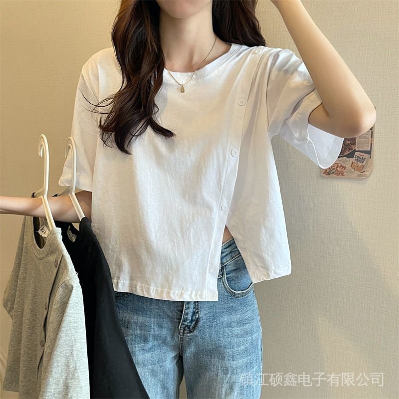 Áo Thun Tay Ngắn Mỏng Màu Trắng Thiết Kế Xẻ Tà Thời Trang Cho Nữ